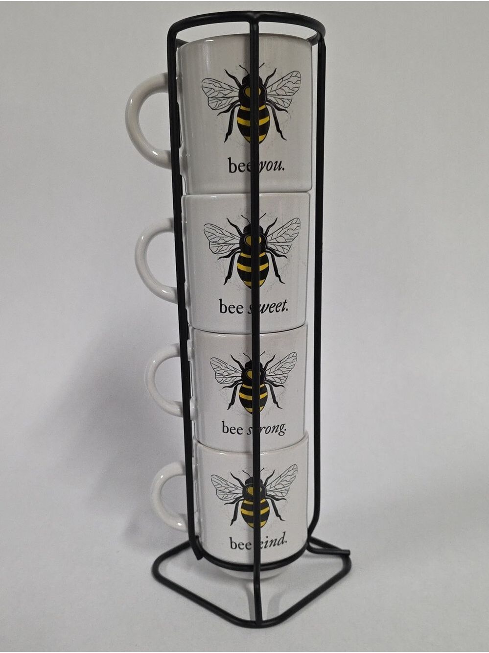 Bumblebee Stackable Expresso Mug Set Bee Motif Motivational Phrases 3 Oz. Each